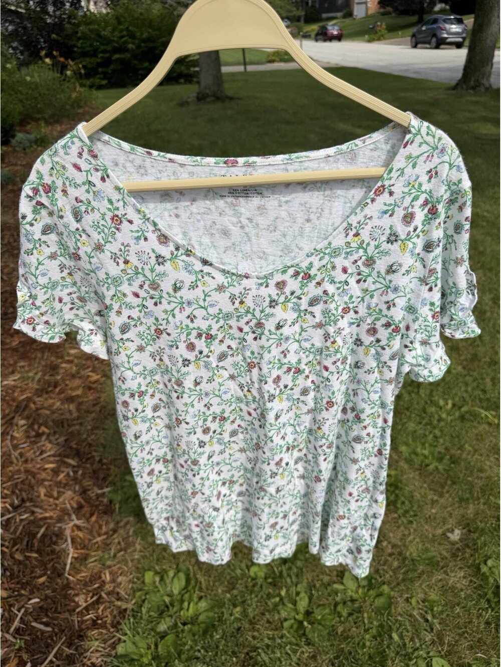 Talbots Womens Floral Linen Cotton Short Sleeve with Ruffle Sleeve Blouse Size M
